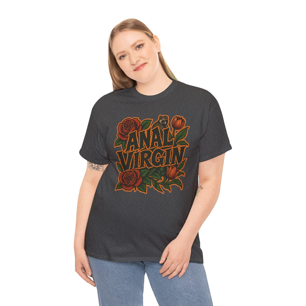 Anal Virgin Bold Floral Trashcore Tee – Funny Raccoon Shirt – Gildan 5000