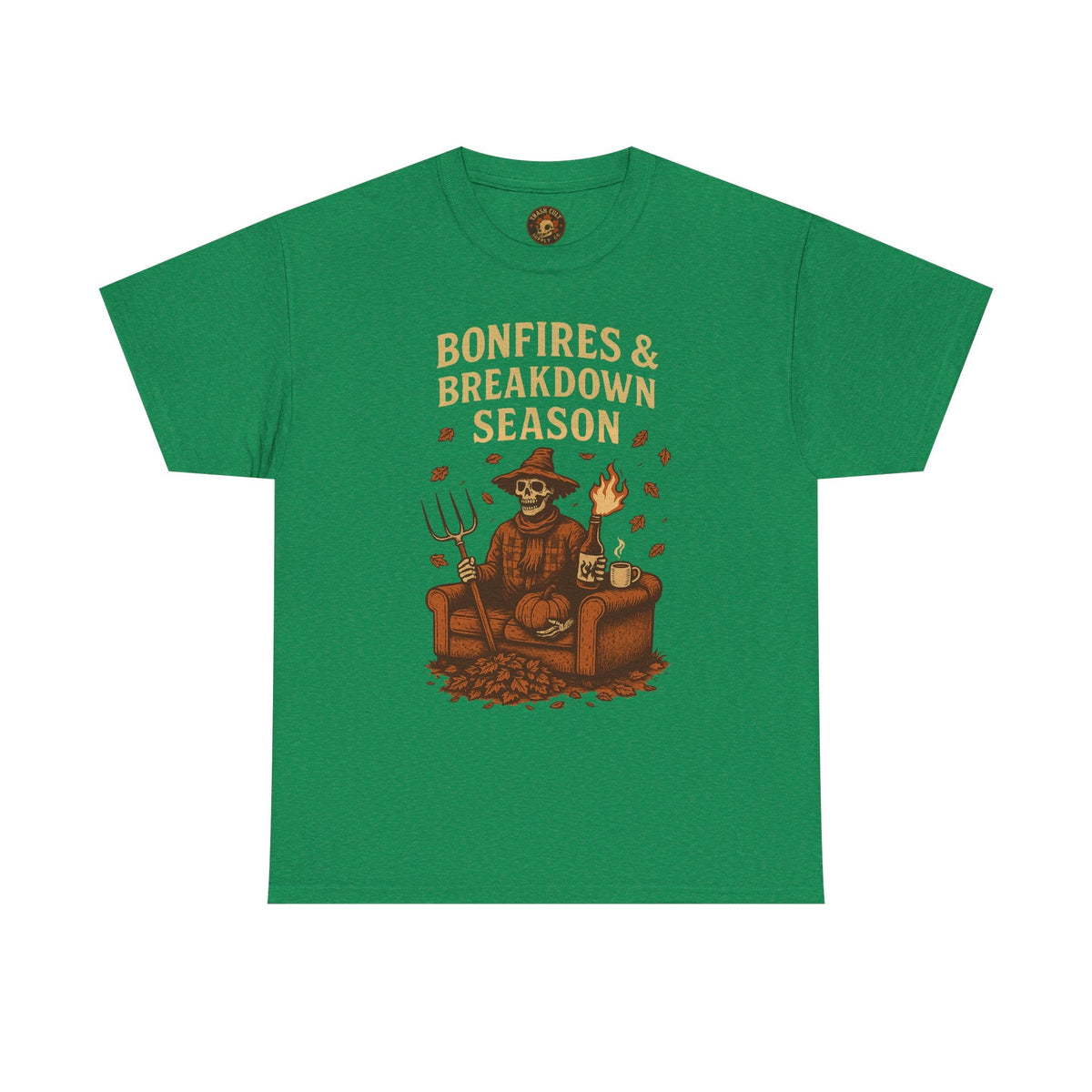 Bonfires & Breakdown Season Shirt – Skeleton Couch Chaos Tee – Fall of Humanity Collection – Trash Cult Supply Co.
