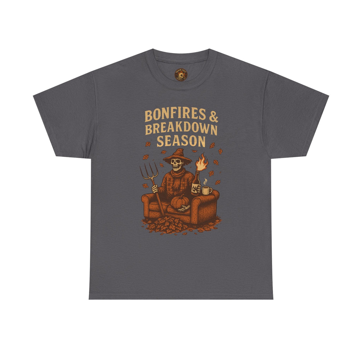Bonfires & Breakdown Season Shirt – Skeleton Couch Chaos Tee – Fall of Humanity Collection – Trash Cult Supply Co.