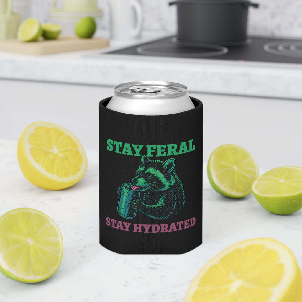 Stay Feral Stay Hydrated Can Cooler – Funny Raccoon Koozie, “Probably Not Water” + “Stay Weird” Slogan