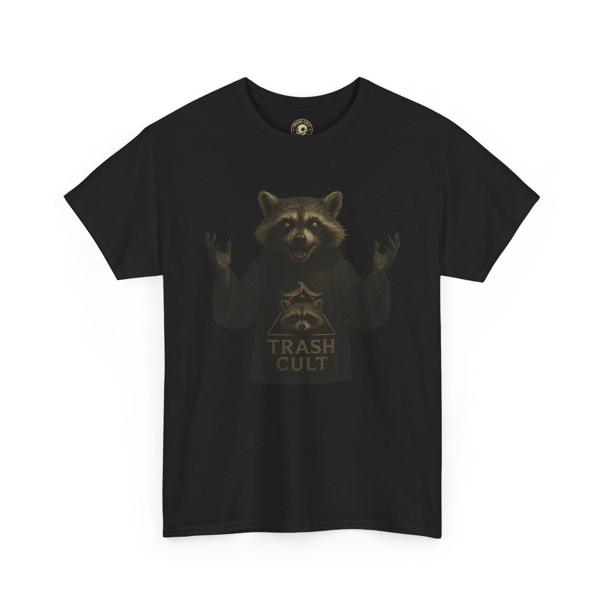 Raccoon Cult Leader Shirt – Trash Cult Unhinged Mascot Tee for Dark Fabrics | Gildan 5000
