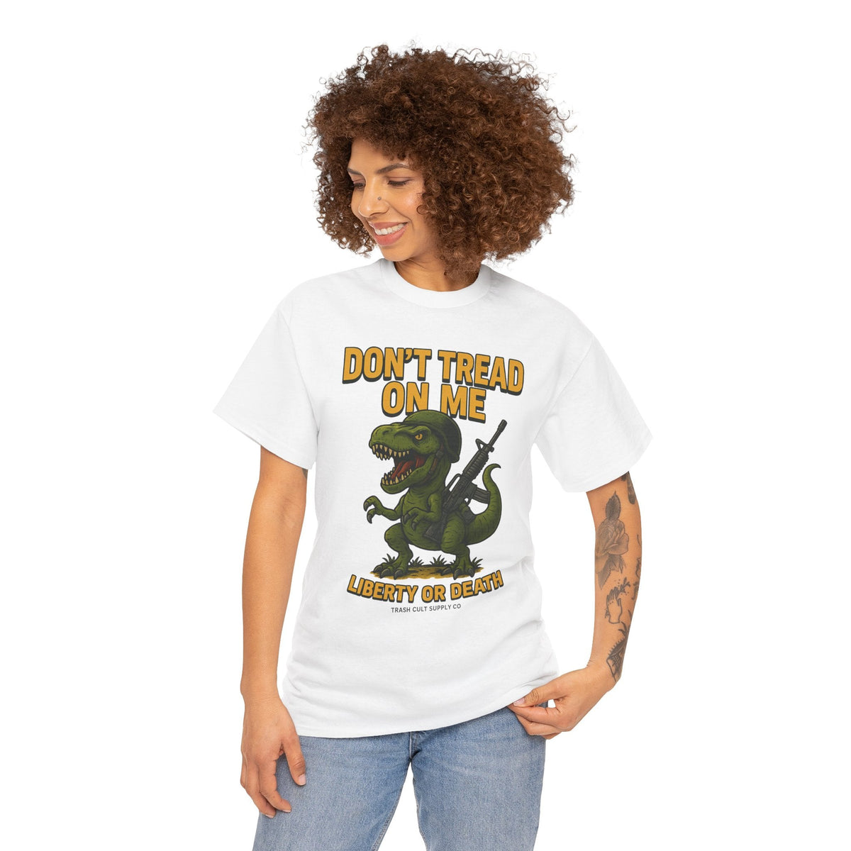 Don’t Tread On Me T-Rex T-Shirt – Liberty or Death Graphic | Trash Cult Supply Co. | Gildan 5000 Heavy Cotton