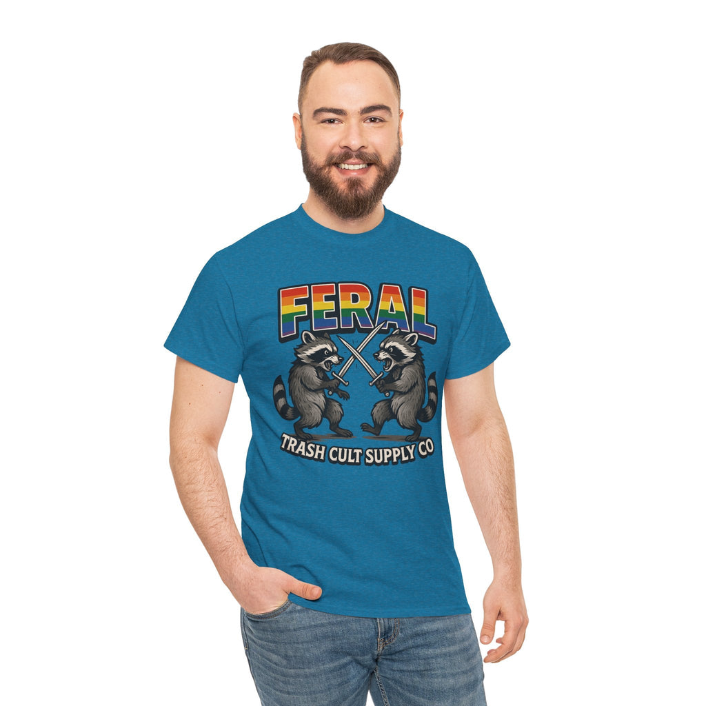 FERAL Rainbow Raccoon Sword Fighting Graphic Tee – Gildan 5000 Heavy Cotton