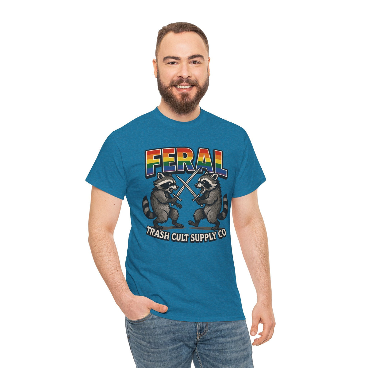 FERAL Rainbow Raccoon Sword Fighting Graphic Tee – Gildan 5000 Heavy Cotton