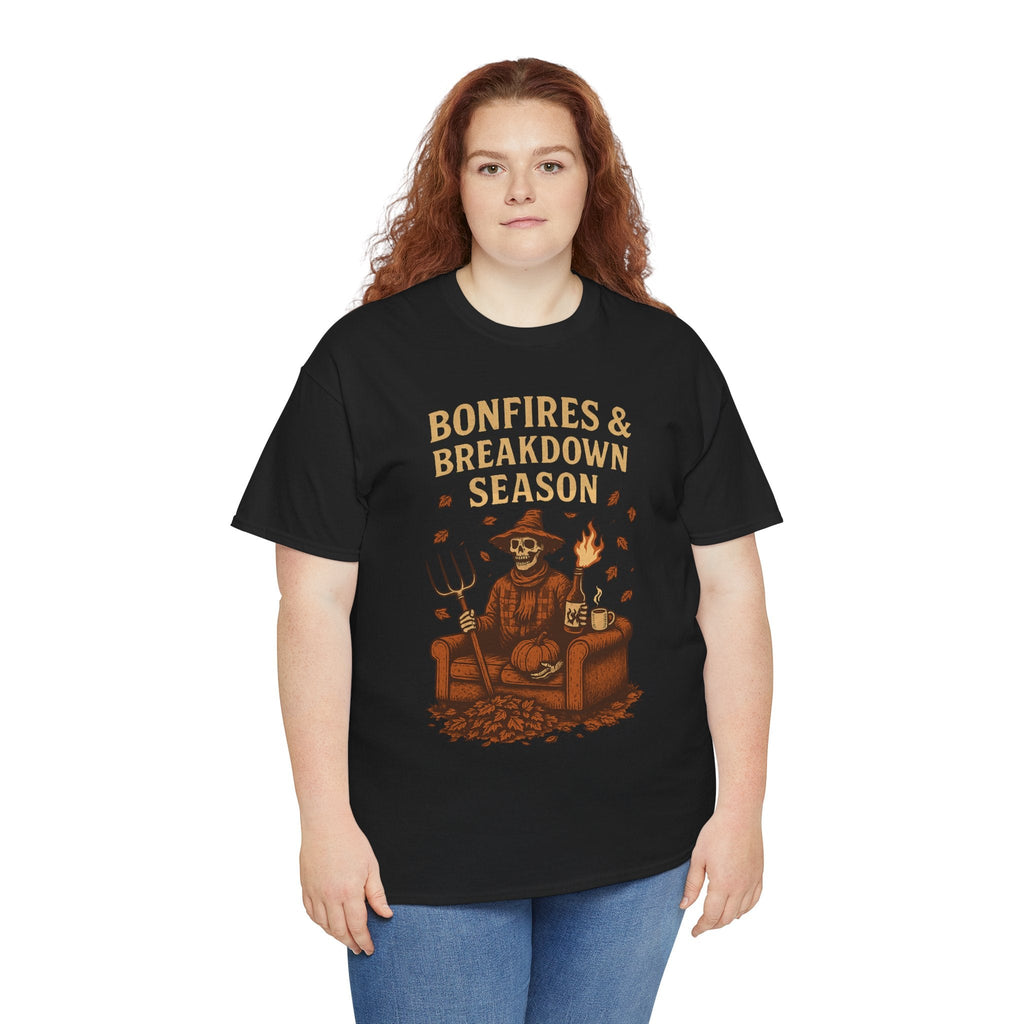 Bonfires & Breakdown Season Shirt – Skeleton Couch Chaos Tee – Fall of Humanity Collection – Trash Cult Supply Co.