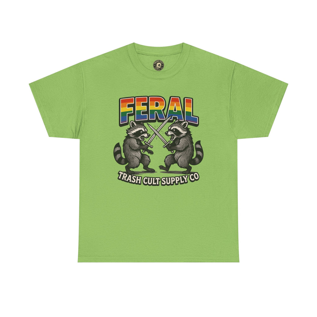 FERAL Rainbow Raccoon Sword Fighting Graphic Tee – Gildan 5000 Heavy Cotton