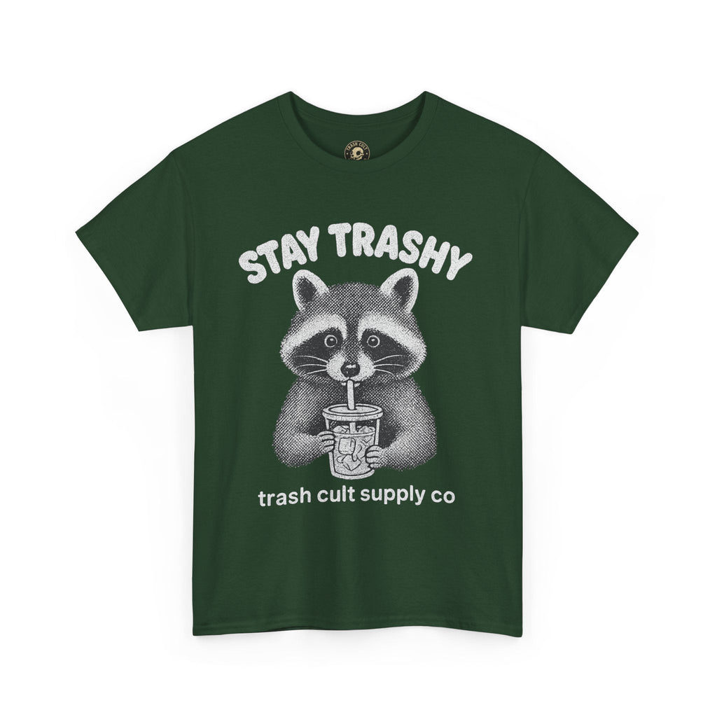 Stay Trashy Raccoon Iced Coffee Shirt – Halftone All White Design | Trash Cult Supply Co.