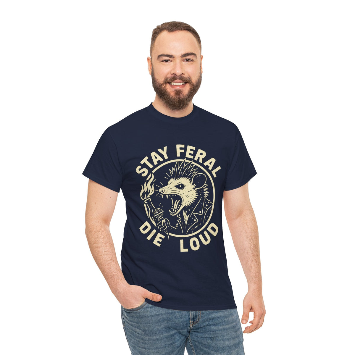 Stay Feral Die Loud Possum Punk Shirt – Trash Cult Supply Co – Gildan 5000 T-Shirt
