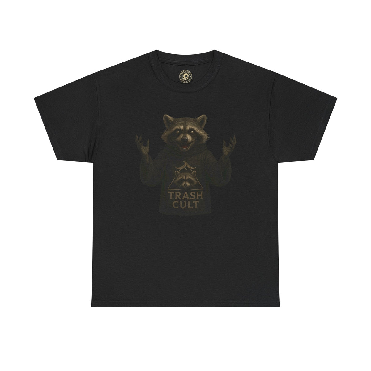 Raccoon Cult Leader Shirt – Trash Cult Unhinged Mascot Tee for Dark Fabrics | Gildan 5000