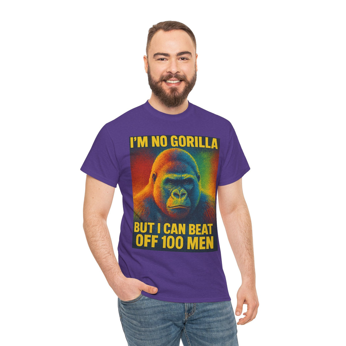 I’m No Gorilla But I Can Beat Off 100 Men Shirt – Multicolor Halftone Gorilla Tee on Gildan 5000