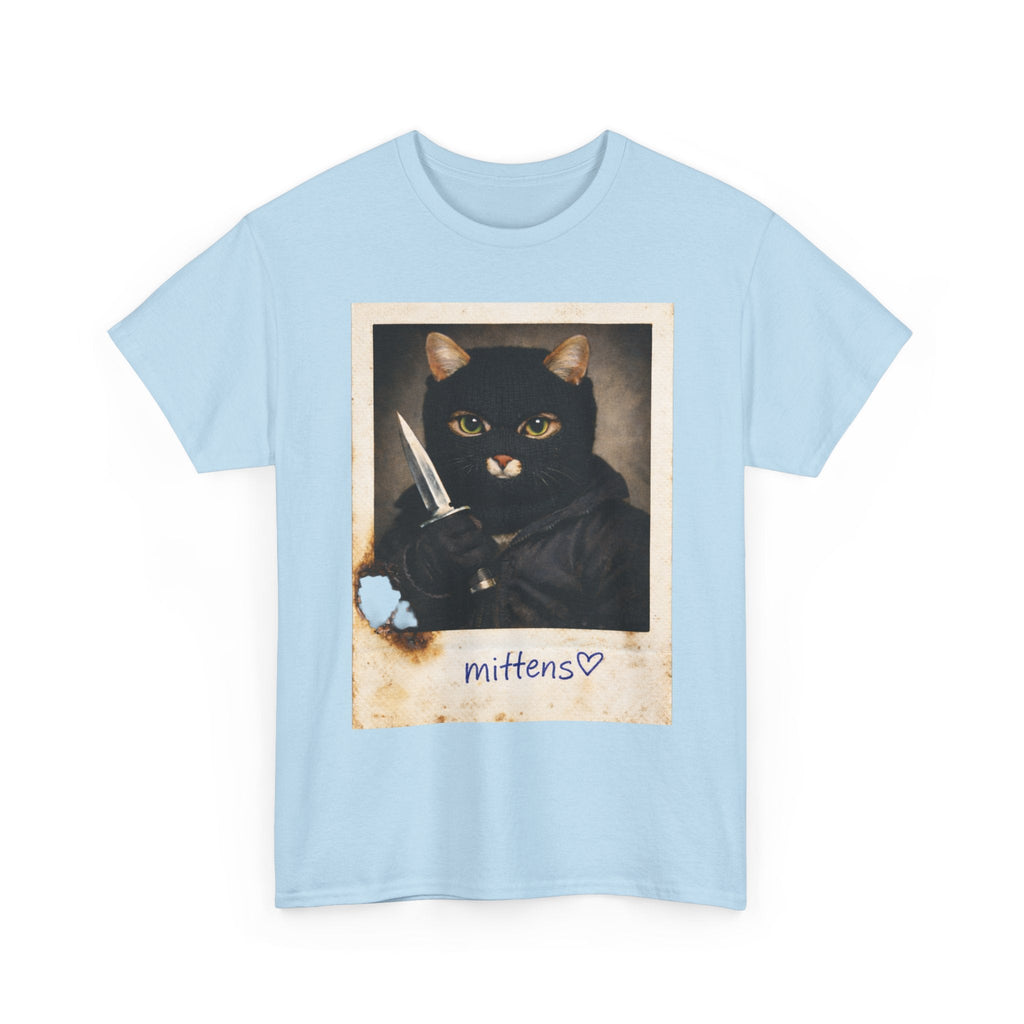 Cat With Knife Tee — "Mittens" Dark Humor Vintage Polaroid Graphic T-Shirt