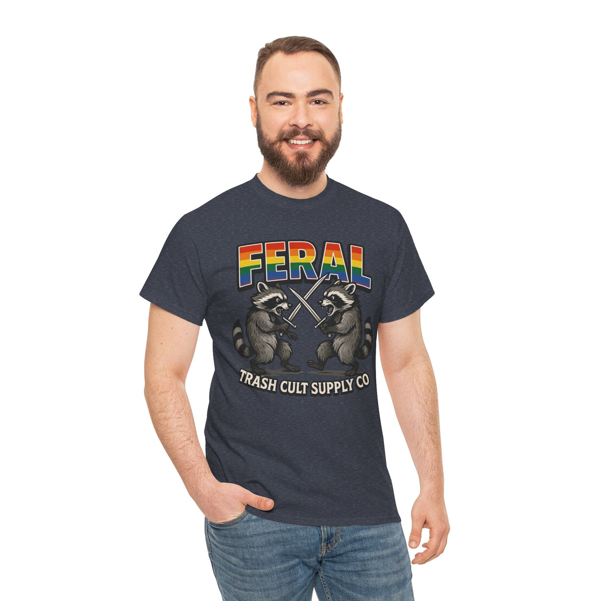 FERAL Rainbow Raccoon Sword Fighting Graphic Tee – Gildan 5000 Heavy Cotton