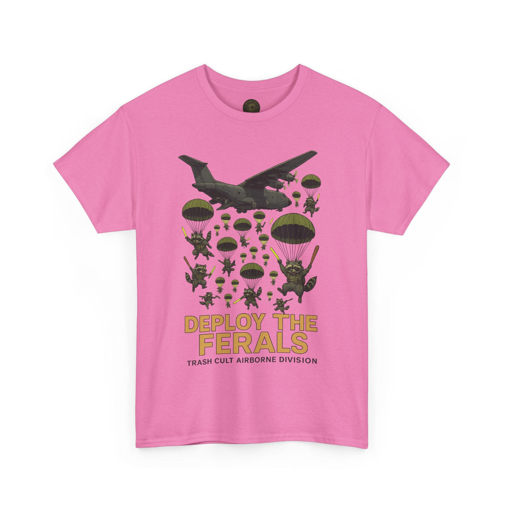 Deploy the Ferals T-Shirt – Airborne Raccoon Drop Graphic | Trash Cult Supply Co. | Gildan 5000 Heavy Cotton Tee
