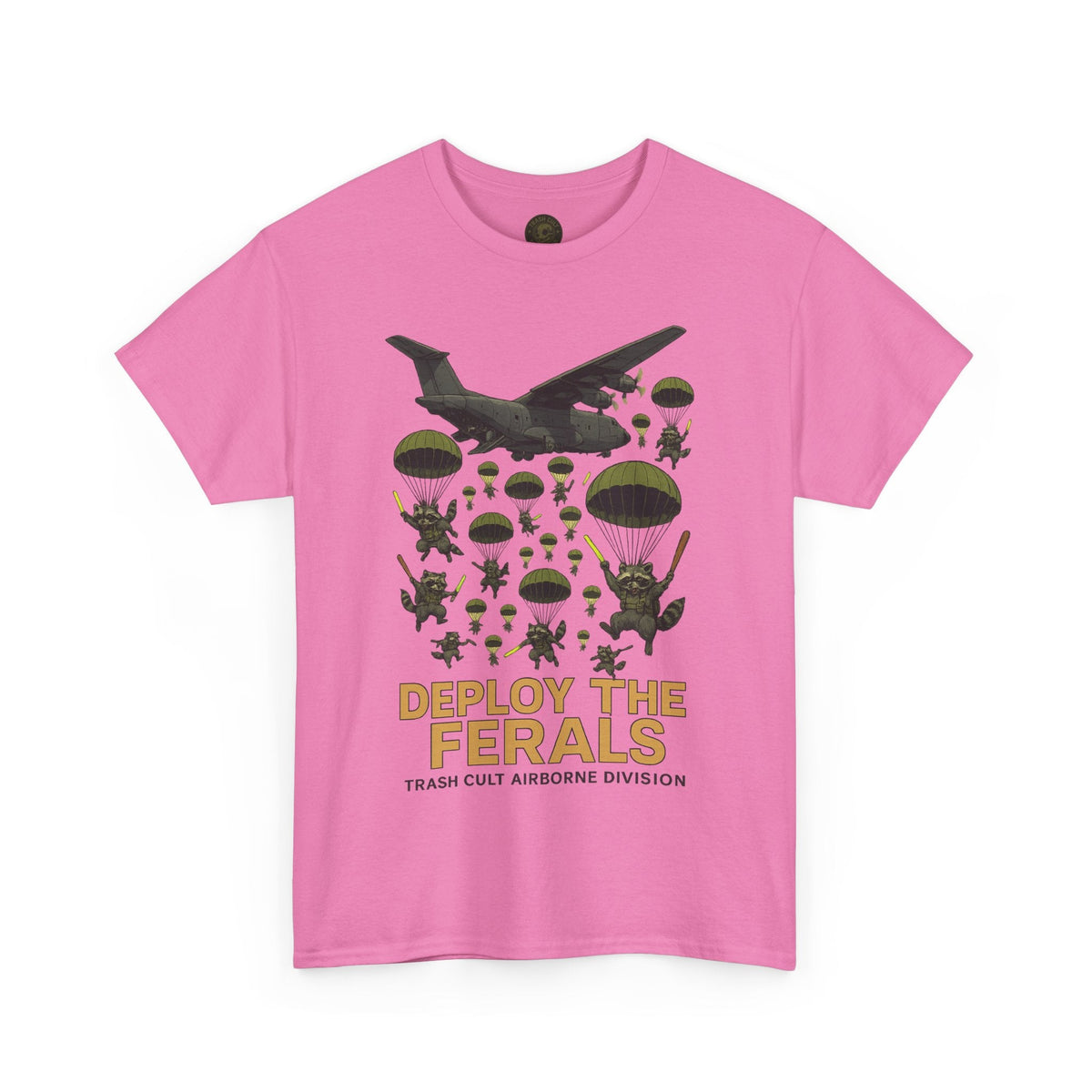 Deploy the Ferals T-Shirt – Airborne Raccoon Drop Graphic | Trash Cult Supply Co. | Gildan 5000 Heavy Cotton Tee