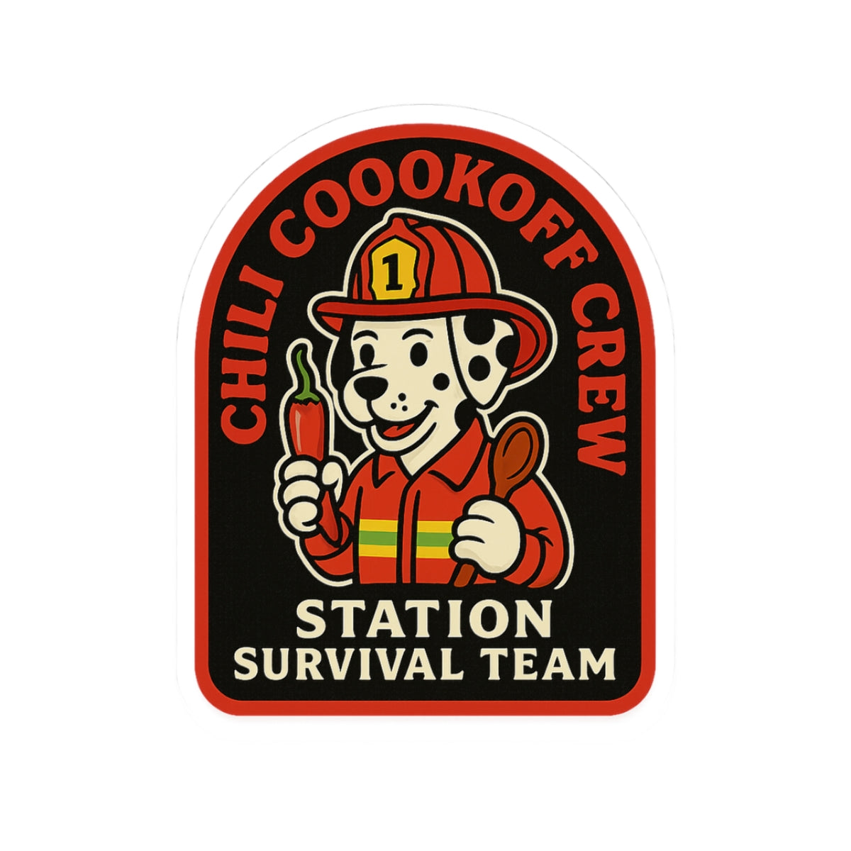 Chili Cookoff Crew – Station Survival Team Sticker – Funny Firefighter Vinyl Decal with Dalmatian Chef Design