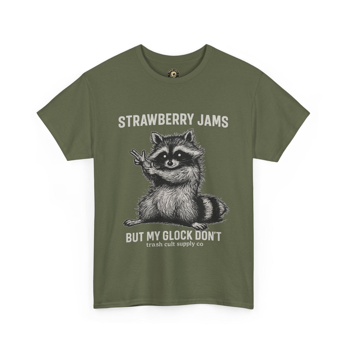 Strawberry Jams But My Glock Don’t Raccoon Shirt – Trash Cult Supply Co. Gildan 5000 Tee