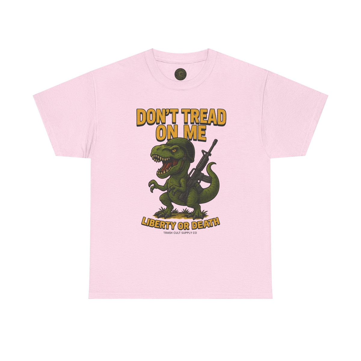 Don’t Tread On Me T-Rex T-Shirt – Liberty or Death Graphic | Trash Cult Supply Co. | Gildan 5000 Heavy Cotton