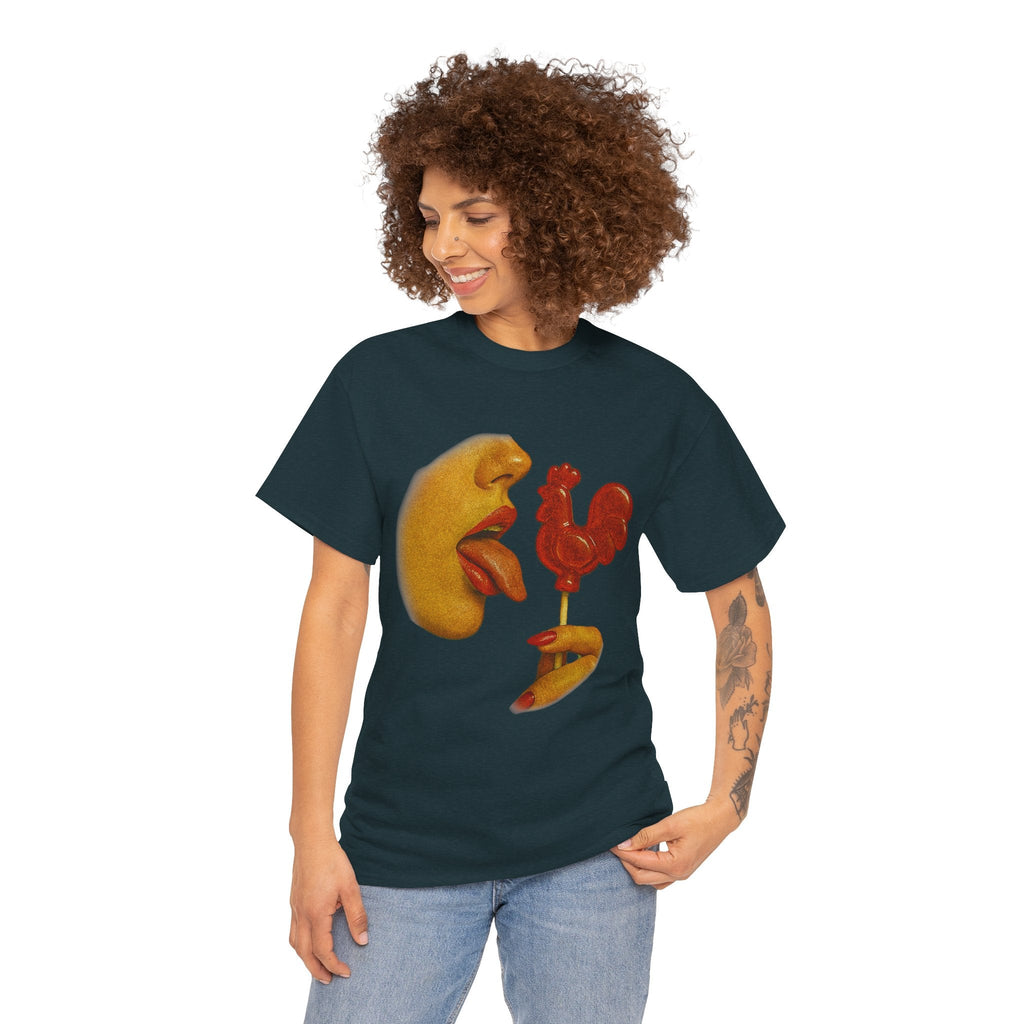 Bold Retro Halftone Tease – Red Rooster Lollipop Graphic Tee