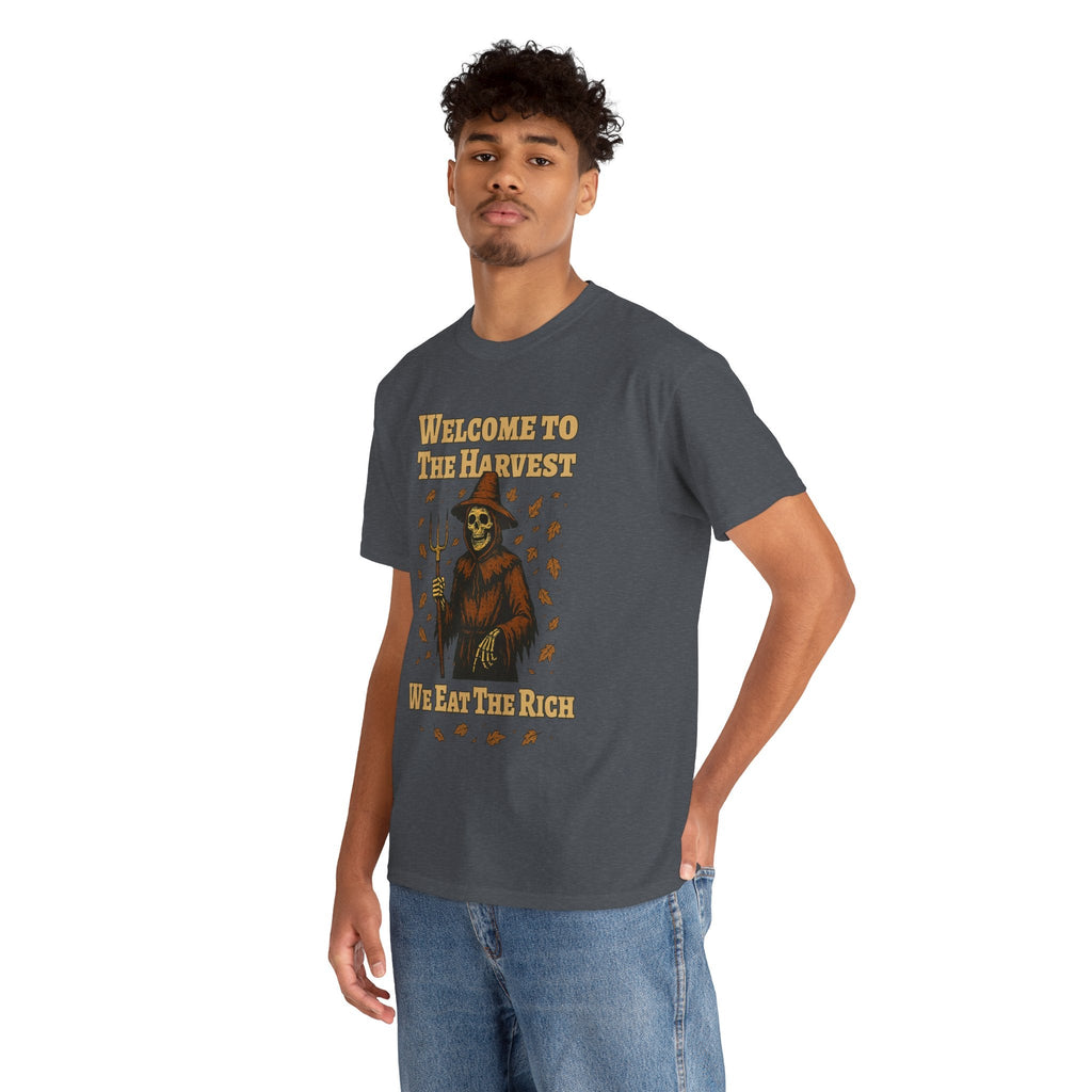Eat the Rich Shirt – Welcome to the Harvest Skeleton Scarecrow Tee – Fall of Humanity Collection – Trash Cult Supply Co.