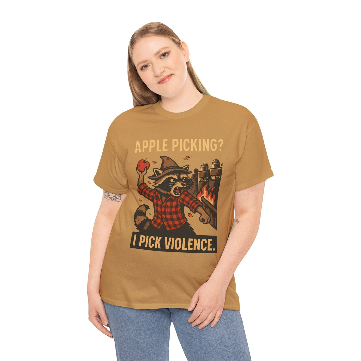 Apple Picking? I Pick Violence Shirt – Angry Raccoon Riot Tee – Fall of Humanity Collection – Trash Cult Supply Co.