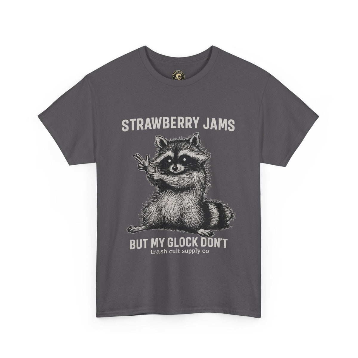 Strawberry Jams But My Glock Don’t Raccoon Shirt – Trash Cult Supply Co. Gildan 5000 Tee
