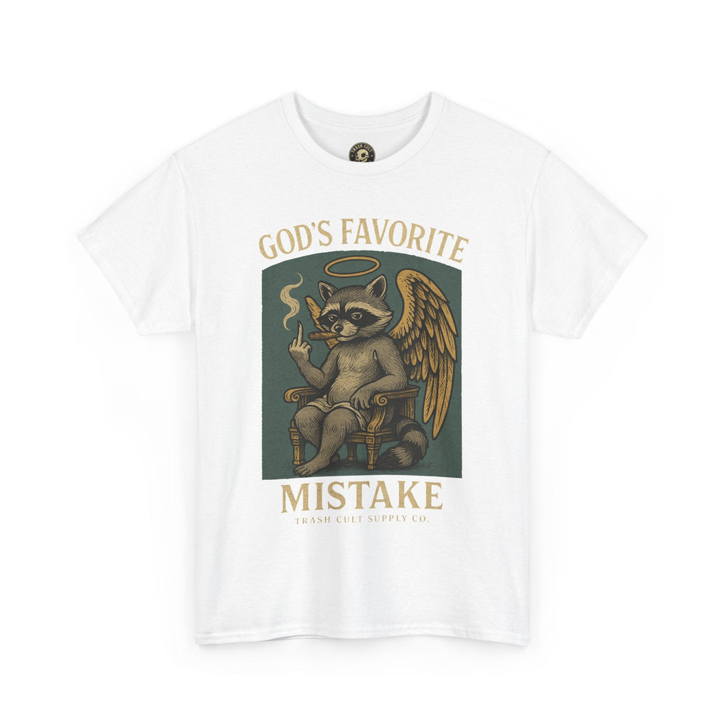 God’s Favorite Mistake Shirt – Raccoon Angel Flipping the Bird by Trash Cult Supply Co.