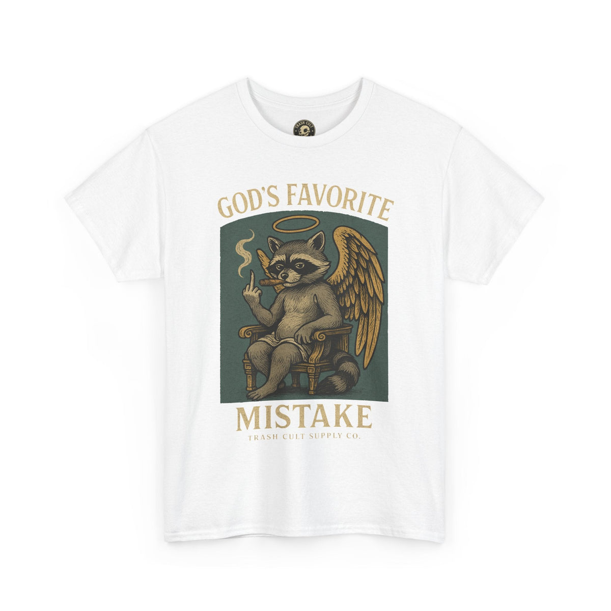 God’s Favorite Mistake Shirt – Raccoon Angel Flipping the Bird by Trash Cult Supply Co.