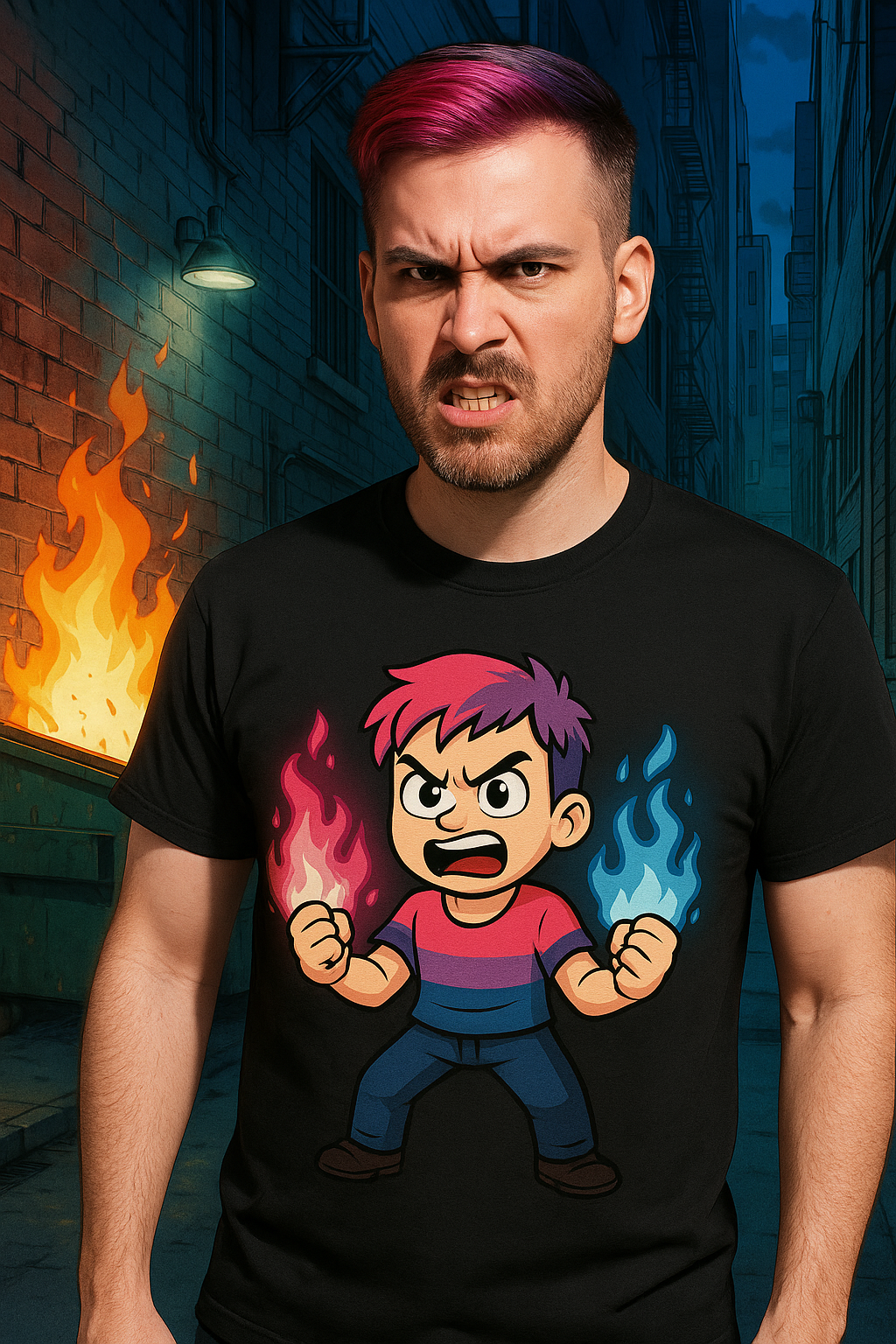 Bi-Furious Cartoon Pride Tee – Unisex Heavy Cotton Shirt for Gamers, Comic Fans & LGBTQ+ Allies