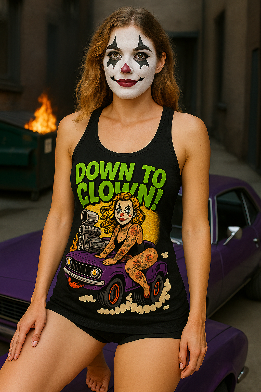 “Down to Clown” Racerback Tank Top – Funny Retro Muscle Car Clown Graphic Shirt for Women