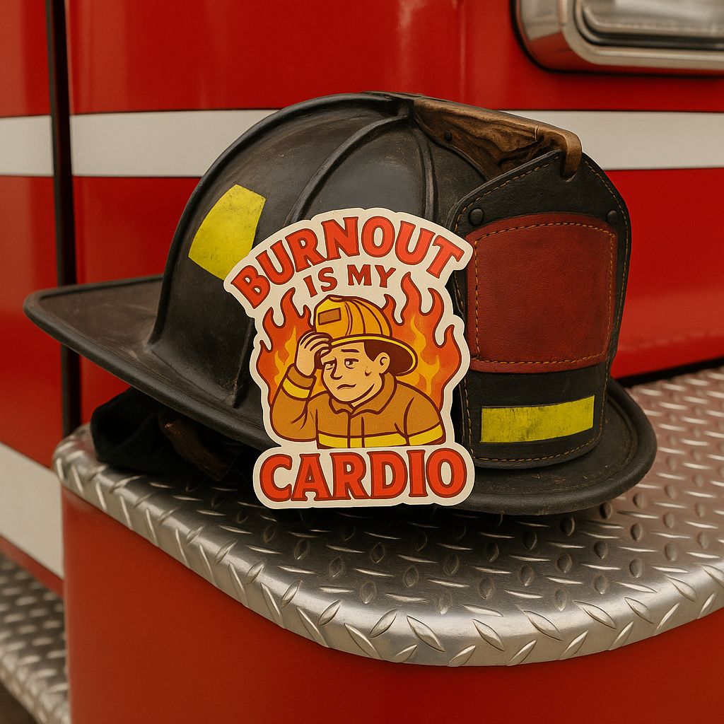 Burnout Is My Cardio – Funny Firefighter Sticker – Glossy Kiss-Cut Vinyl Decal for Helmets, Gear, and Gifts