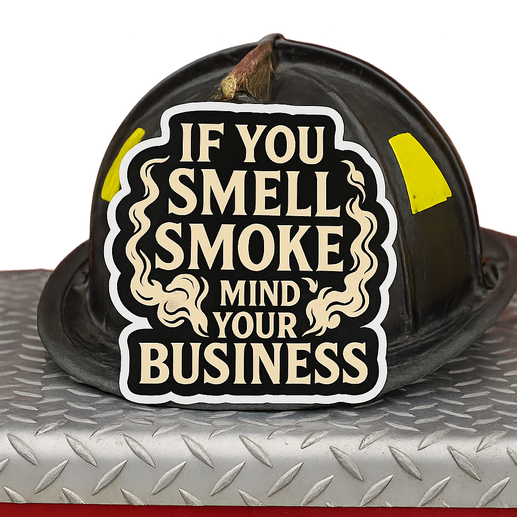 If You Smell Smoke Mind Your Business – Funny Firefighter Sticker – Glossy Kiss-Cut Vinyl Decal for Helmets, Gear, and Gifts