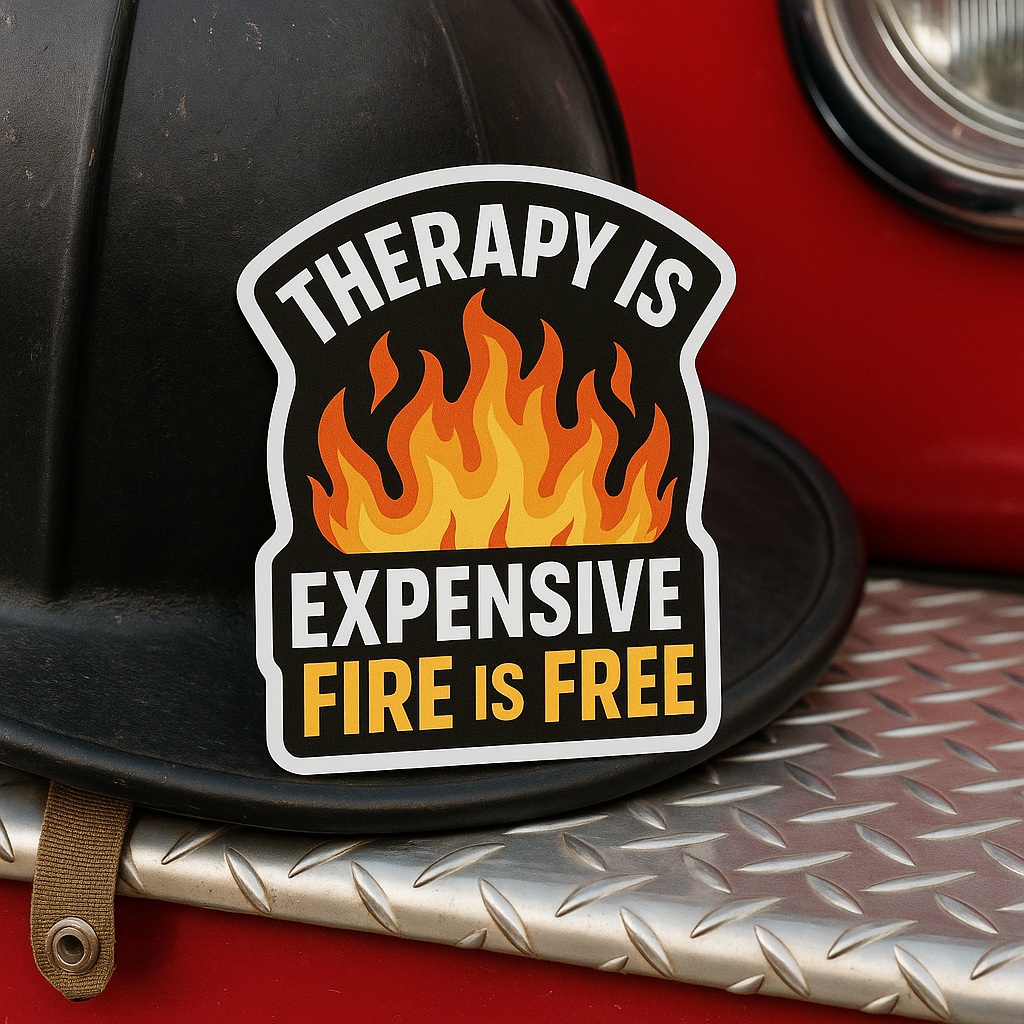 Therapy Is Expensive Fire Is Free – Funny Firefighter Sticker – Glossy Kiss-Cut Vinyl Decal for Helmets, Gear, and Dark Humor Gifts