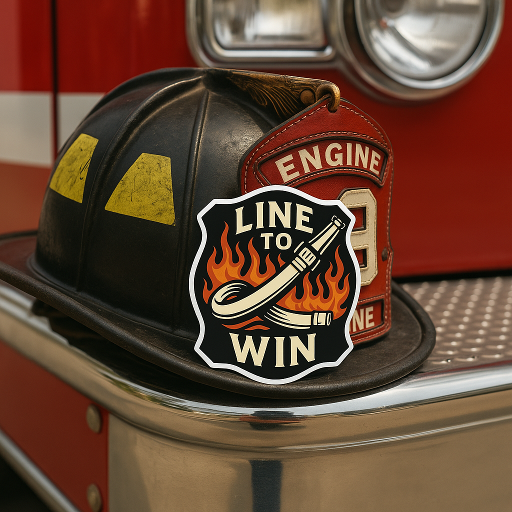 Line to Win – Bold Firefighter Sticker – Kiss-Cut Glossy Vinyl Decal with Fire Hose and Flame Design