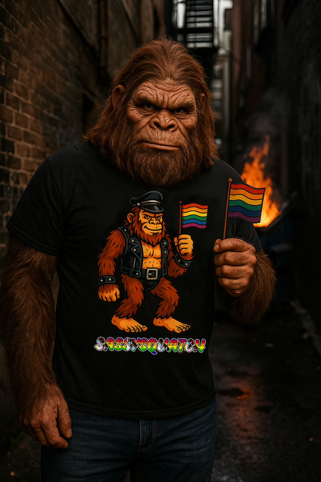 Sassysquatch Graphic Tee – Funny Bigfoot Pride Shirt – LGBTQ Leather Bear T-Shirt – Gildan 5000 Unisex Cotton Tee
