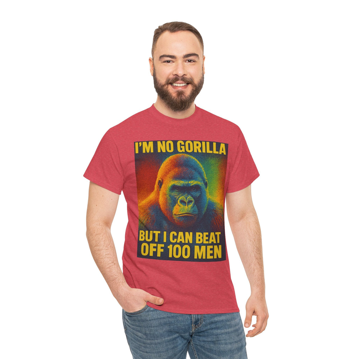 I’m No Gorilla But I Can Beat Off 100 Men Shirt – Multicolor Halftone Gorilla Tee on Gildan 5000