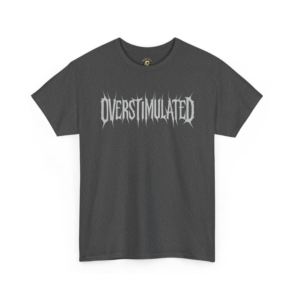 OVERSTIMULATED Metalcore Grunge Shirt – White on Black Distressed Font Tee