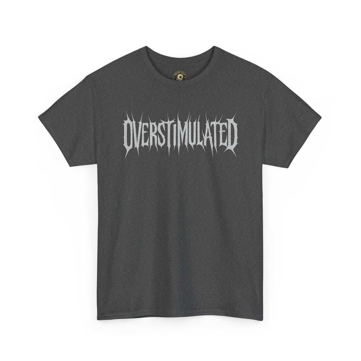 OVERSTIMULATED Metalcore Grunge Shirt – White on Black Distressed Font Tee