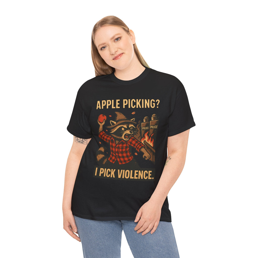Apple Picking? I Pick Violence Shirt – Angry Raccoon Riot Tee – Fall of Humanity Collection – Trash Cult Supply Co.