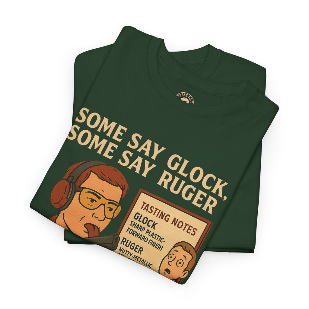 Glock vs Ruger Mouthfeel Shirt – Funny Gun Show Parody Tee | Dark Humor Firearm Tasting Notes Shirt