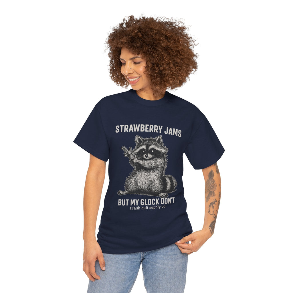 Strawberry Jams But My Glock Don’t Raccoon Shirt – Trash Cult Supply Co. Gildan 5000 Tee