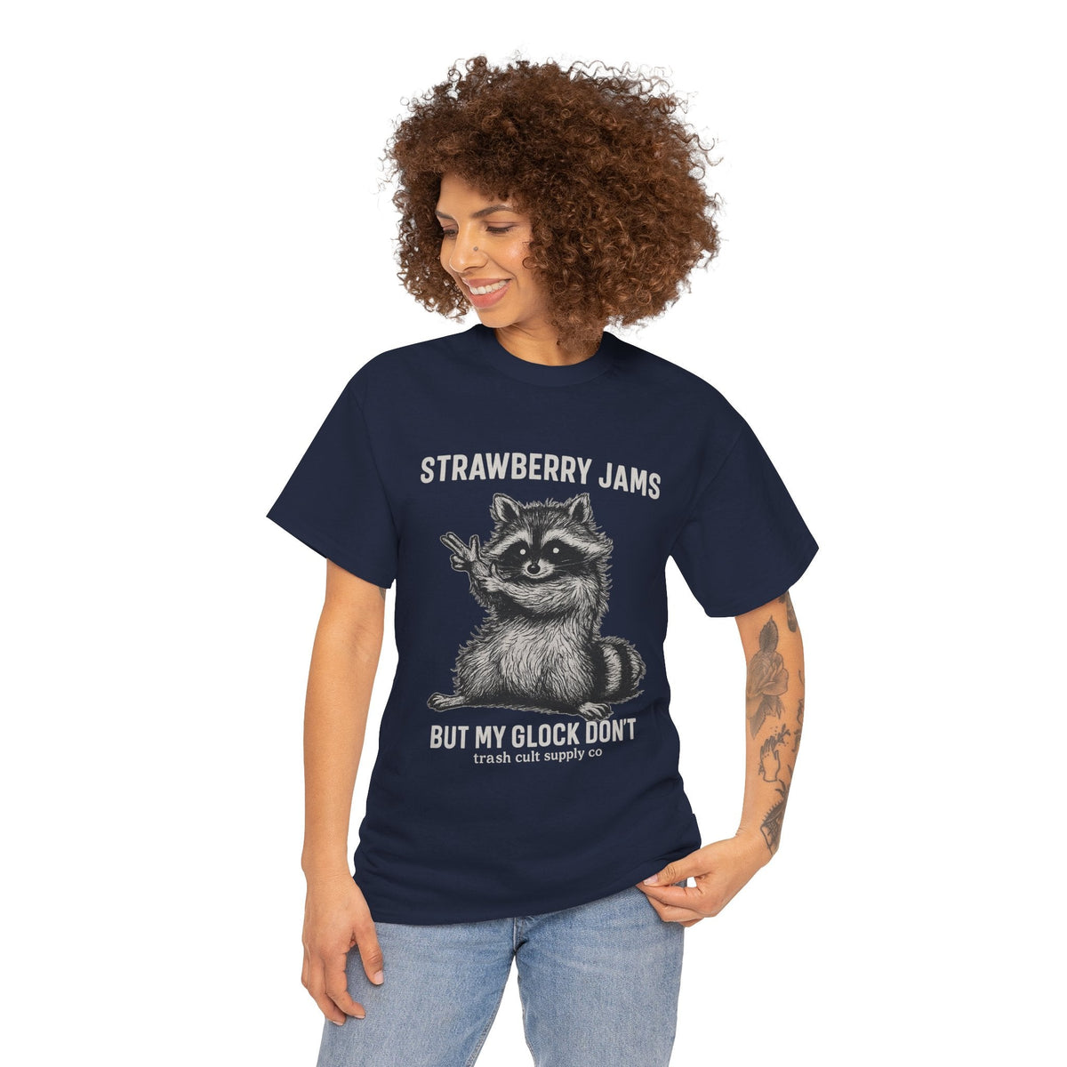 Strawberry Jams But My Glock Don’t Raccoon Shirt – Trash Cult Supply Co. Gildan 5000 Tee