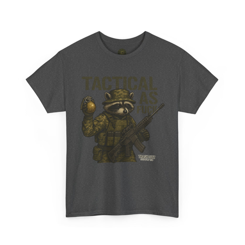 Tactical As F*** T-Shirt – Armed Raccoon Military Humor Tee | Trash Cult Supply Co. | Gildan 5000 Heavy Cotton