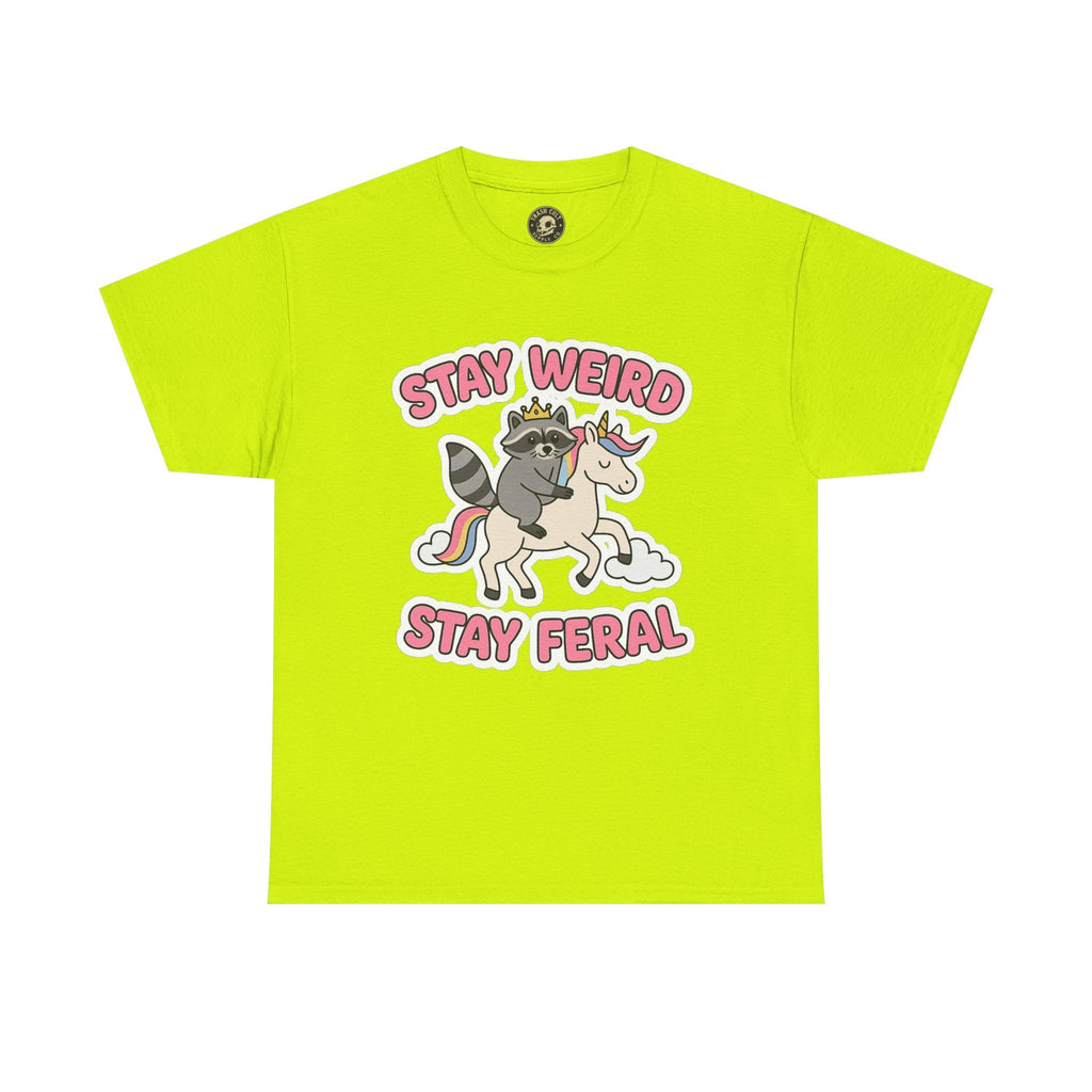 Stay Weird Stay Feral Shirt – Raccoon & Unicorn – High Visibility Gildan 5000 Tee