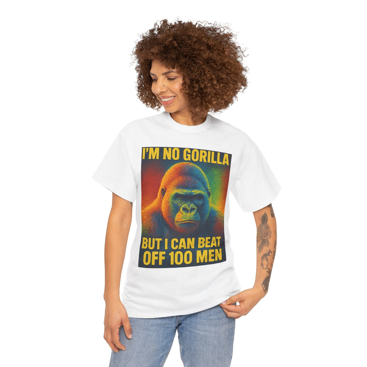 I’m No Gorilla But I Can Beat Off 100 Men Shirt – Multicolor Halftone Gorilla Tee on Gildan 5000