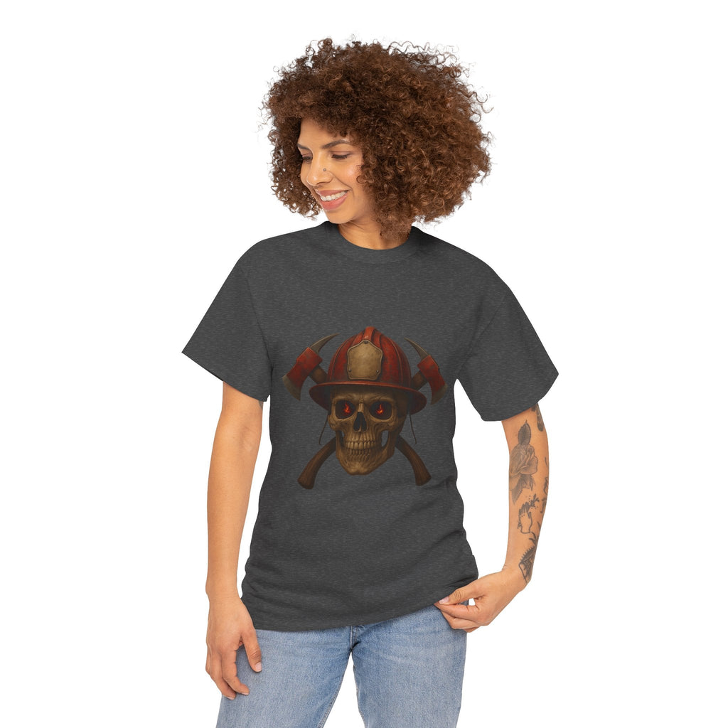 Skull Firefighter Tee, Unisex Heavy Cotton Shirt, Firefighter Gift, Halloween Costume T-Shirt, Unique Graphic Tee, Casual Wear