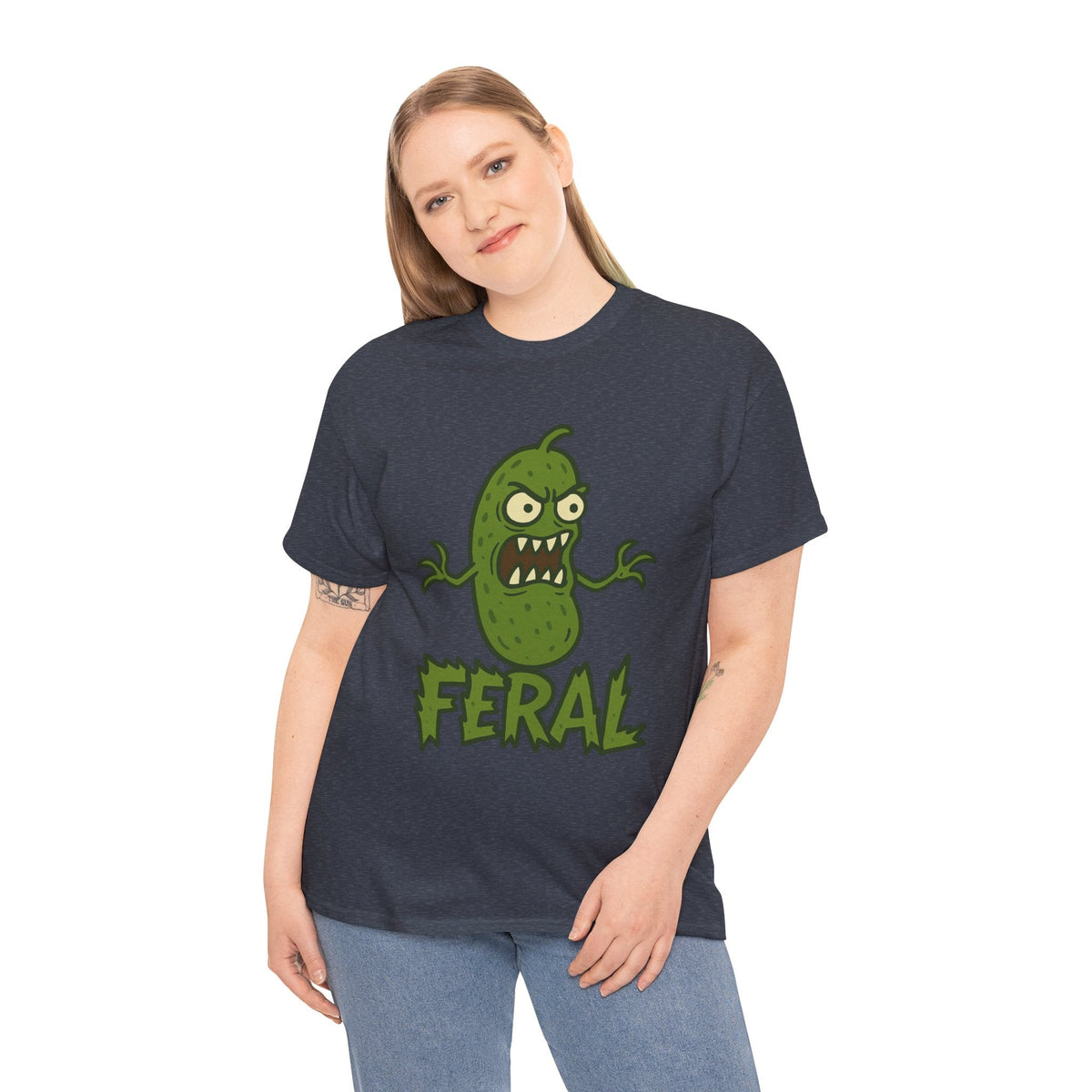 Feral Pickle Cartoon Tee – Trashcore Angry Pickle Shirt – Gildan 5000 Unisex Heavy Cotton