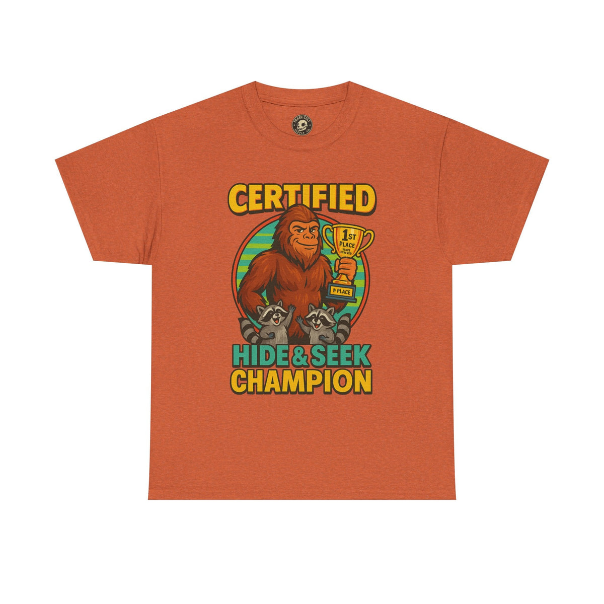 Certified Hide & Seek Champion Bigfoot T-Shirt – Funny Cryptid Shirt – Raccoon Forest Meme Tee – Gildan 5000