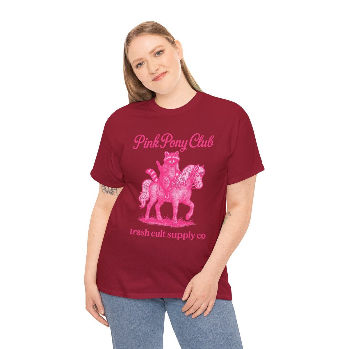 Pink Pony Club Raccoon Riding Pony Shirt – Vintage Hot Pink Halftone Tee by Trash Cult Supply Co