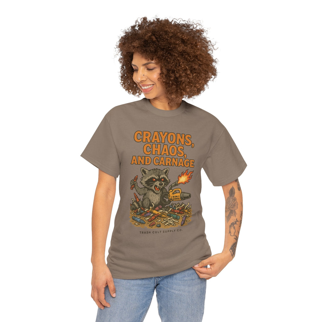 Crayons, Chaos, and Carnage T-Shirt – Dark Humor Raccoon Graphic | Trash Cult Supply Co. | Gildan 5000 Tee