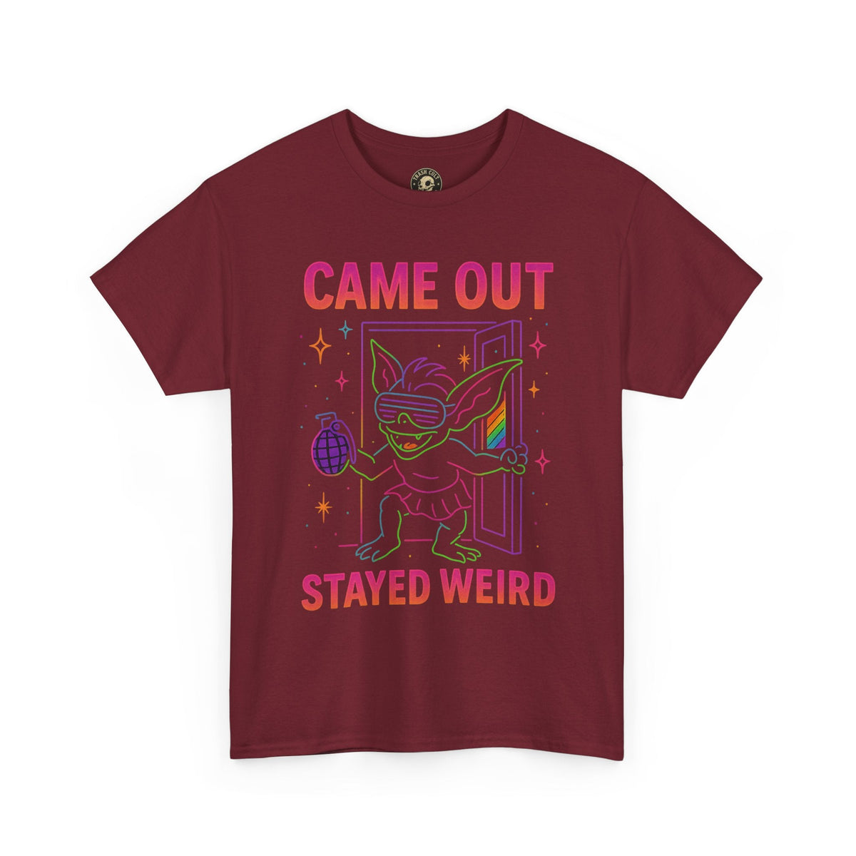 Came Out, Stayed Weird – Neon Gremlin Pride T-Shirt | Gildan Unisex Heavy Cotton Tee | LGBTQ+ Graphic Shirt